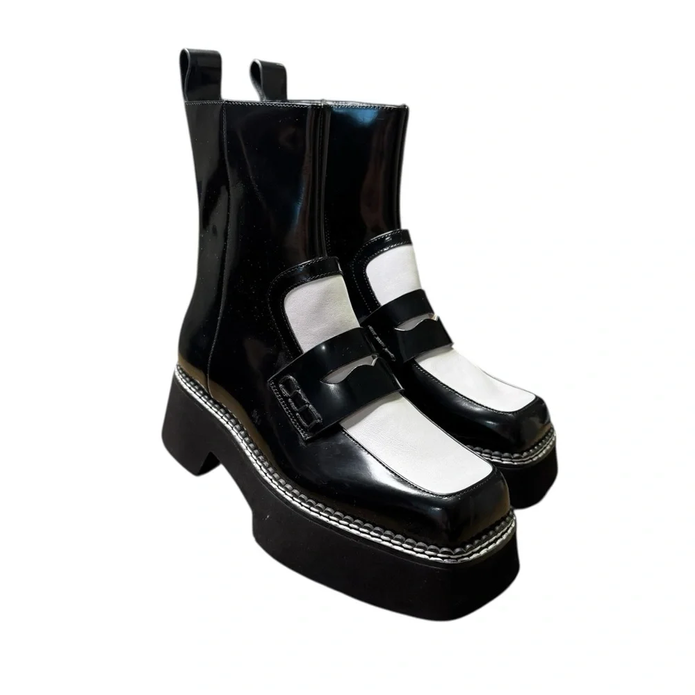 🖤 Jeffrey Campbell Tuxie Bootie 🖤 Black & White Platform Patent Loafer Boots 5.5